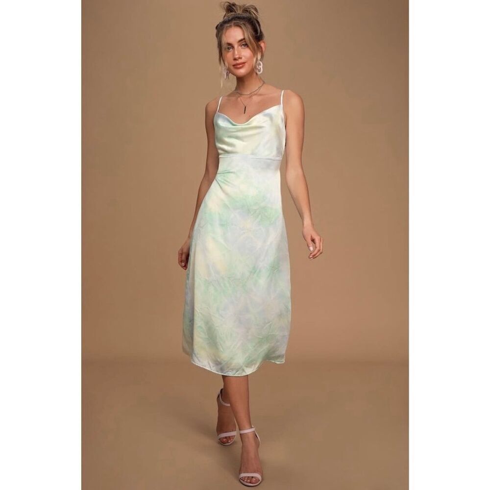 Lulus Tranquil State Blue Multi Tie-Dye Satin Midi Slip Dress Size M